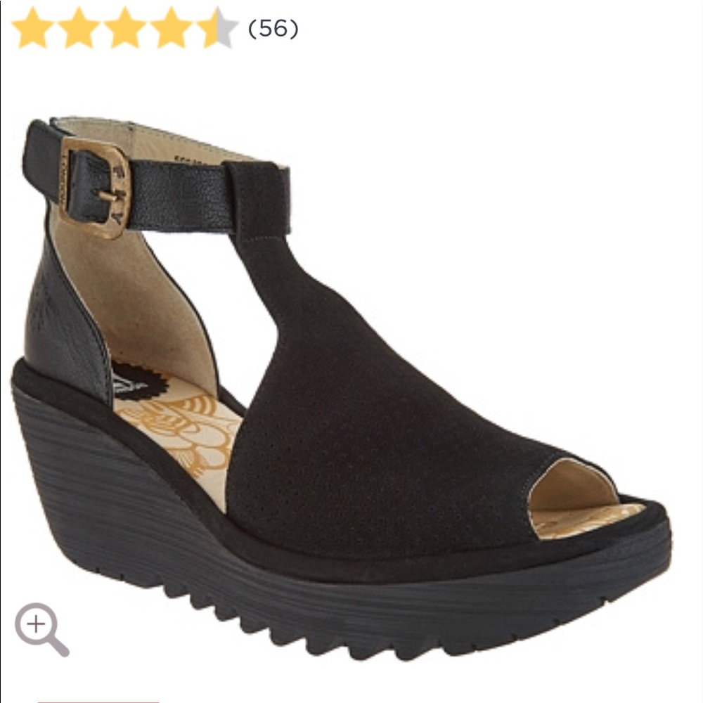 FLY London Perforated Leather Ankle Strap Wedges